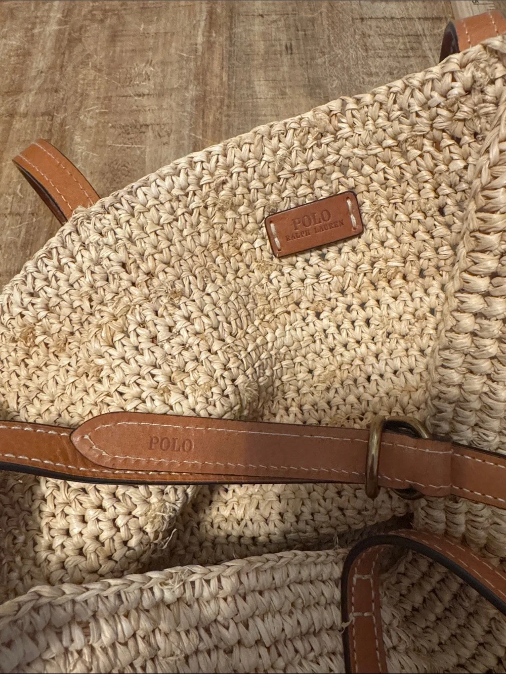 Polo by Ralph Lauren Natural Straw Tote with Brown Leather Straps and Blue Logo